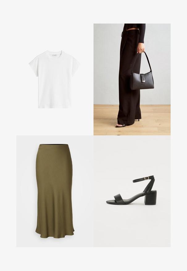 Valkoinen lyhythihainen t-paita, joka on valmistettu puuvillasta. Ominaisuuksia rento malli, pyöreä kaula-aukko ja hieman pudotetut hart seams. Ei kuvioita tai koristeita.; DRYKORN URA - A-linjainen hame - green; Mustat korkokenkä-sandaalit, joissa on sileä nahkapinta, avoin varvas, leveät etuvarteen strapit ja säädettävä nilkkastrap, jossa on kultainen solkiyksityiskohta.; Musta käsilaukku, jossa on rakenteellinen muoto, sileä pinta ja metallinen solki. Yhdistetty leveisiin mustiin housuihin ja avonaiheisiin sandaaleihin puulattialla.
