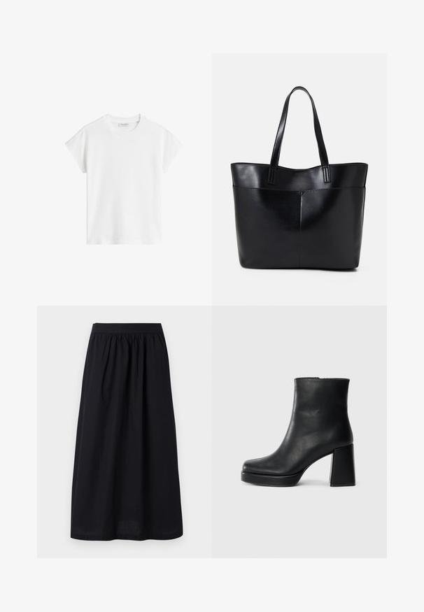 Fehér, rövid ujjú póló, pamutból készült. Lazán illeszkedő, kerek nyakú, enyhén eső vállvarrással rendelkezik. Nincsenek minták vagy díszítések.; Fekete midi szoknya, amely ráncolt, elasztikus derékpánttal, sima textúrával és folyékony sziluettel rendelkezik, a kényelmes és szabad mozgás érdekében tervezve.; Fekete bőr bokacsizma tömbsarkal és platform talppal, oldalról nézve, sima fehér háttéren.; Fekete bőr bevásárlótáska két hosszú fogantyúval, sima felülettel és strukturált formával. Elülső zseb található rajta a plusz tárolás érdekében.