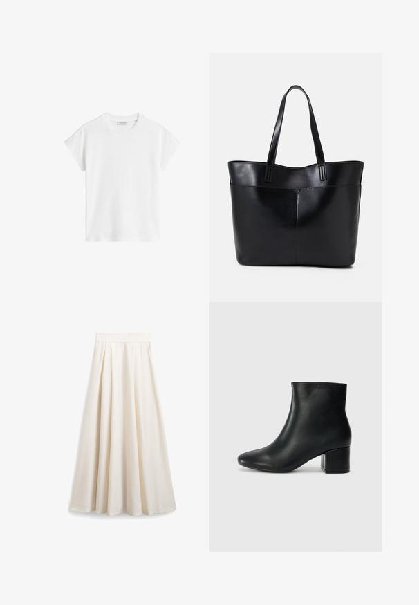 Bijela kratka majica s kratkim rukavima izrađena od pamuka. Ima ležeran kroj s okruglim izrezom i malo spuštenim šavovima na ramenima. Bez uzoraka ili ukrasa.; Krem-smeđena A-linija suknja izrađena od glatkog materijala, s nabranim detaljima i širokim pojasom za lepršavu siluetu.; Crne kožne čizme do članaka s uskim vrhom i debelim potplatom. Glatka tekstura s minimalnim detaljima i elegantan, prilagođen dizajn.; Crna kožna torba s dugim ručkama, glatkom teksturom i strukturiranim oblikom. Ima prednju džep za dodatno pohranu.