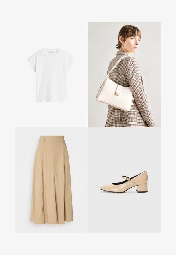 T-shirt blanc à manches courtes en coton. Présente une coupe décontractée avec un col rond et des coutures d'épaule légèrement abaissées. Sans motifs ni accents.; Jupe maxi beige taille haute en tissu texturé, avec des plis qui s'écoulent vers le bas, présentant un design épuré et simple, sans motifs visibles.; Bottines Mary Jane en cuir verni beige avec un bout imitation, une sangle à boucle et un talon bloc de hauteur intermédiaire. Texture lisse avec une finition brillante.; Sac à main en cuir blanc au design structuré, doté d'un fermoir magnétique et d'une bandoulière, présenté sur un fond neutre.