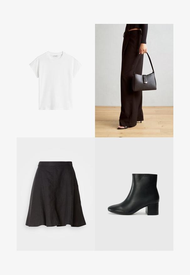 Fehér, rövid ujjú póló, pamutból készült. Lazán illeszkedő, kerek nyakú, enyhén eső vállvarrással rendelkezik. Nincsenek minták vagy díszítések.; Fekete vászon szoknya kiemelkedő fazonnal, derékrésszel és varratokkal. Az anyag enyhén textúrált felületű, térdhosszúságúra ér le.; Fekete bőr bokacsizma hegyes orral és vastag sarokkal. Sima felület minimális díszítéssel és karcsú, passzos kialakítással.; Fekete kézi táska strukturált formával, sima textúrával és fémből készült záródással. Széles fekete nadrággal és nyitott orrú szandállal párosítva, fából készült padlón.
