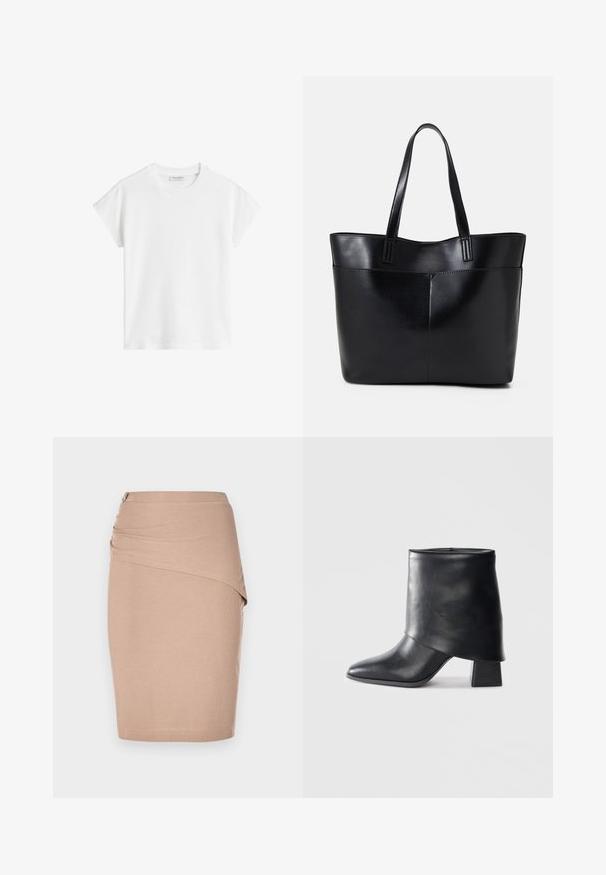 T-shirt branco de manga curta feito de algodão. Apresenta um corte descontraído com decote redondo e costuras de ombro ligeiramente caídas. Sem padrões ou detalhes.; Saia lápis em beje, até ao joelho, feita de tecido canelado, com um design drapeado na frente e um detalhe em zíper prateado de lado. Textura suave.; Bota de tornozelo em couro preto com bico afilado, textura suave e um salto bloco estruturado. Apresenta um design de cano alto e dobrado.; Bolsa tote preta em couro com duas alças longas, textura suave e forma estruturada. Apresenta um bolso frontal para armazenamento adicional.