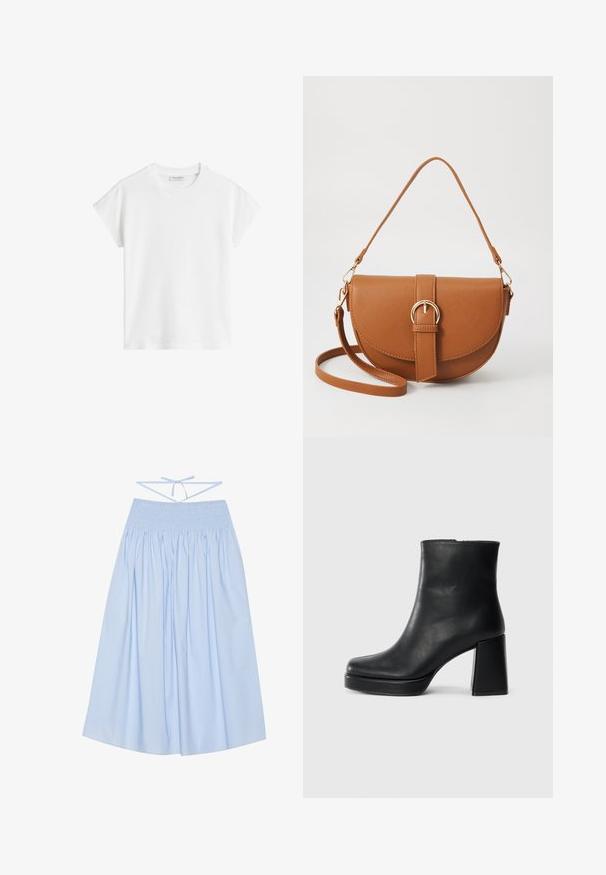 T-shirt branco de manga curta feito de algodão. Apresenta um corte descontraído com decote redondo e costuras de ombro ligeiramente caídas. Sem padrões ou detalhes.; Saia de algodão azul-claro com cintura franzida, silhueta fluida, plissados largos e tiras finas ajustáveis nas costas.; Bota de couro preta até ao tornozelo com salto bloco e sola com plataforma, vista de lado sobre um fundo branco liso.; Bolsa transversal de couro castanho com um formato curvado, ferragens douradas e um detalhe de fivela. Inclui uma alça de ombro destacável.