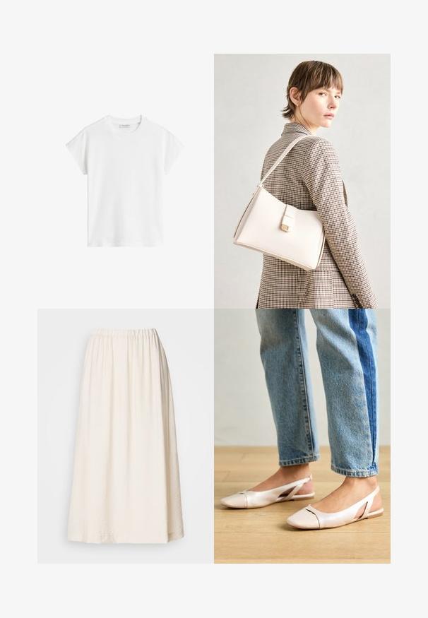 Witte korte mouwen t-shirt van katoen. Heeft een ontspannen pasvorm met een ronde hals en iets verlaagde schoudernaden. Geen patronen of accenten.; Lange, crèmekleurige rok met een elastische tailleband. Gemaakt van een gemêleerde stof, heeft het een volle silhouet en valt het soepel.; Zachtroze slingback ballerina's met een spitse neus, gemaakt van een glad leerachtig materiaal. Bevat uitsnijdingen aan de zijkanten en heeft een platte hak.; Witte leren handtas met een gestructureerd ontwerp, voorzien van een magneetsluiting en een schouderriem, tentoongesteld tegen een neutrale achtergrond.