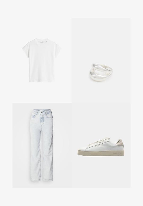 Bijela kratka majica s kratkim rukavima izrađena od pamuka. Ima ležeran kroj s okruglim izrezom i malo spuštenim šavovima na ramenima. Bez uzoraka ili ukrasa.; Svijetloplave traperice visokog struka s ravnim fitom, napravljene od denima. Imaju zatvaranje na gumbe, dizajn s pet džepova i suptilnu izblijedjelu teksturu.; Bijele kožne tenisice s glatkom površinom, bež nubuk detalji, okrugli vrh, ravni dizajn s vezicama i strukturirana gumena potplat.; Srebrna dvostruka prsten s glatkom, poliranom površinom. Karakterizira ga fluidan, zakrivljen dizajn s preklapajućim sekcijama za moderan izgled.