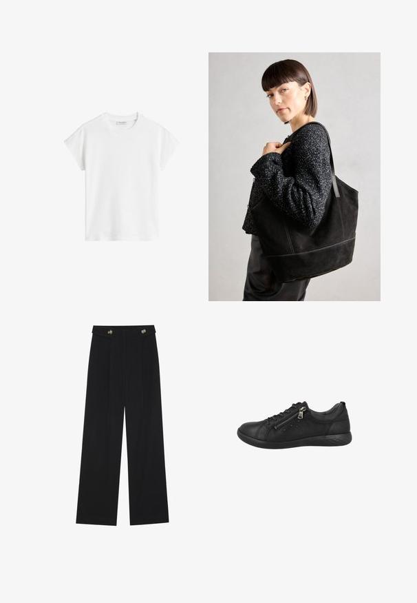 Bílý krátký rukávový tričko vyrobené z bavlny. Má volný střih s kulatým výstřihem a mírně posunutými ramenními švy. Bez vzorů nebo akcentů.; Černé široké kalhoty s vysokým pasem, detailní knoflíky na pase a přední záhyby.; Černé kožené tenisky s texturovaným povrchem, šněrovací design, boční zip a polstrovanou podporou kotníku; obsahují flexibilní gumovou podrážku.; Černá semišová taška přes rameno s hladkým povrchem, strukturovaným tvarem a kontrastním prošíváním. Má dlouhé popruhy pro nošení přes rameno.