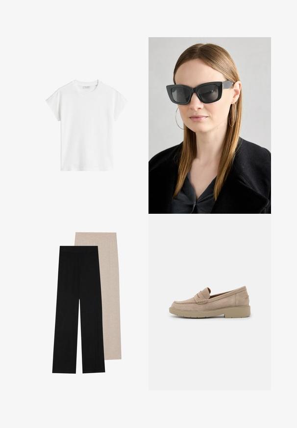 White short-sleeve t-shirt made of cotton. Features a relaxed fit with a crew neckline and slightly dropped shoulder seams. No patterns or accents.; Black and beige wide-leg pants with an elastic waistband; soft, lightweight fabric; smooth texture; minimal seam details.; Beige suede loafers with a rounded toe, decorative stitching, and a low, chunky rubber sole for comfort and stability.; Black cat-eye sunglasses with dark lenses, thick frames, and subtle accents. Worn with a black coat and gray top, featuring long straight hair.