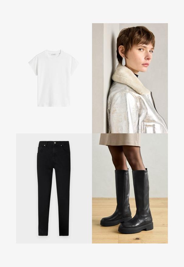 T-shirt branco de manga curta feito de algodão. Apresenta um corte descontraído com decote redondo e costuras de ombro ligeiramente caídas. Sem padrões ou detalhes.; Jeans de ganga preta com um corte slim, apresentando um fecho frontal por botão, passantes para cinto e design clássico de cinco bolsos. Textura suave.; Botas de couro pretas até ao joelho com uma textura suave, apresentando uma sola de borracha grossa e um zíper lateral para fácil colocação.; Jaqueta de couro metálica prateada com colarinho de peles, apresentando um fecho em zip e uma superfície texturizada. Brincos grandes em forma de gota com pedras preciosas transparentes.