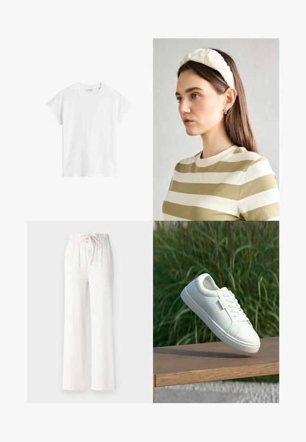 Bílý krátký rukávový tričko vyrobené z bavlny. Má volný střih s kulatým výstřihem a mírně posunutými ramenními švy. Bez vzorů nebo akcentů.; Bílé kalhoty s širokými nohavicemi vyrobené z měkké tkaniny, s elastickým pasem na šňůrku a hladkým povrchem. Žádné vzory ani dekorace nejsou viditelné.; Bílé kožené tenisky na šněrování, které se vznášejí nad dřevěnou lavicí, na pozadí jsou rozmazané zelené vysoké trávy venku.; Krémová polstrovaná čelenka s twist designem, doplněná béžovým a bílým pruhovaným tričkem s kulatým výstřihem. Jemné šperky.