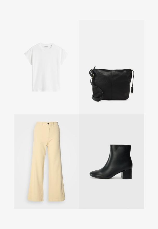 White short-sleeve t-shirt made of cotton. Features a relaxed fit with a crew neckline and slightly dropped shoulder seams. No patterns or accents.; Wide-leg trousers in light yellow, made from cotton blend fabric. Features a front button closure, belt loops, and two side pockets.; Black leather ankle boots with a pointed toe and a chunky heel. Smooth texture with minimal accents and a sleek, fitted design.; Black leather crossbody bag with a flat shape, gold hardware accents, and an adjustable strap. Smooth texture with minimal stitching details.