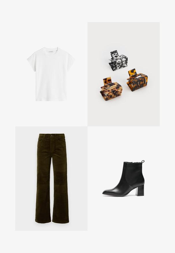 T-shirt bianco a maniche corte in cotone. Presenta una vestibilità morbida con scollatura rotonda e spalle leggermente cadenti. Senza fantasie o dettagli.; Pantaloni a zampa d'elefante in corduroy di un profondo verde oliva. Presentano cinque tasche, una chiusura con bottone e una texture a coste verticali. Vestibilità standard con un design classico.; Stivale alla caviglia in pelle nera con punta arrotondata, tacco largo di media altezza e linguetta sul retro. Texture liscia, design minimale.; Tre fermagli per capelli: uno marmorizzato bianco e nero, due tartarugati in tonalità di marrone e nero, tutti realizzati in plastica lucida con una finitura strutturata.
