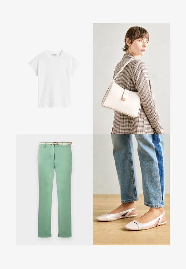 Valkoinen lyhythihainen t-paita, joka on valmistettu puuvillasta. Ominaisuuksia rento malli, pyöreä kaula-aukko ja hieman pudotetut hart seams. Ei kuvioita tai koristeita.; Vaaleanvihreät puuvillahousut, joissa on suora lahje, kudottu vaaleankäyryävyö ja etutaskut. Liukas pinta, jossa on vähäisesti ompeluja.; Vaaleanpunaiset slingback-ballerinat, joissa on terävä kärki, valmistettu sileästä nahkamaisesta materiaalista. Sivujen leikkuuyksityiskohdat ja tasapohja.; Valkoinen nahkainen käsilaukku, jossa on jämäkkä muotoilu, magneettinen suljin ja olkahihna, esillä neutraalilla taustalla.