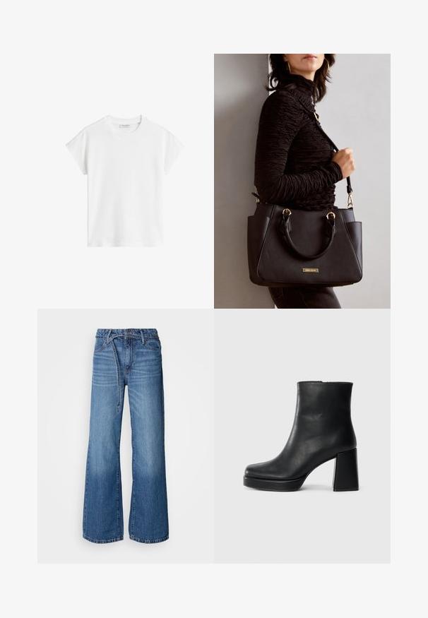 White short-sleeve t-shirt made of cotton. Features a relaxed fit with a crew neckline and slightly dropped shoulder seams. No patterns or accents.; Light blue wide-leg jeans made of denim. Features a high waist, visible stitching, and a tie belt. Faded texture towards the bottom.; Black leather ankle boot with a block heel and platform sole, viewed from the side on a plain white background.; Black handbag with textured surface, dual top handles, and adjustable shoulder strap. Features gold-tone hardware and side pockets.