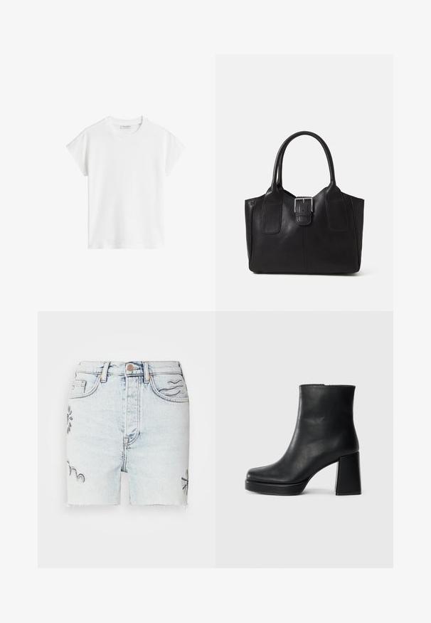 Baltas īsām piedurknēm T-krekls, izgatavots no kokvilnas. Piedāvā brīvu piegriezumu ar apaļu kakla izgriezumu un nedaudz noliktām plecu šuvēm. Nav rakstu vai akcentu.; Gaiši zili džinsu šorti ar izfrēzētu apakšmalu, izšūti ziedu raksti zilā krāsā un tradicionālā piecu kabatu stils ar metāla pogu aizdari.; Melna ādas potīšu zābaku ar bloku papēdi un platformas zoli, skatīts no sāna uz vienkārša balta fona.; Melnas ādas somiņa ar gludu tekstūru, strukturētu formu, divām rokturām un izteiktu sudraba sprādzi priekšpusē.