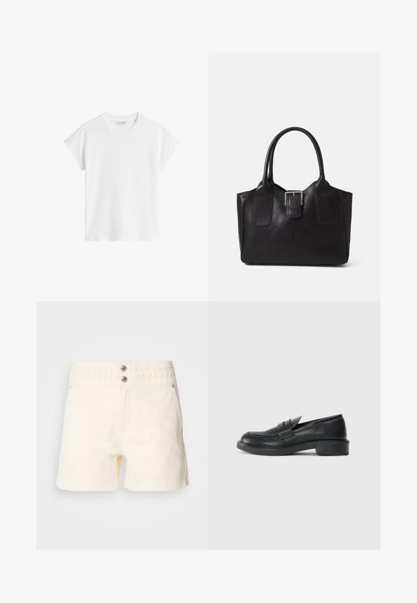 Camiseta de algodón de manga corta blanca. Presenta un corte relajado, con cuello redondo y costuras de hombro ligeramente caídas. Sin patrones ni acentos.; Pantalones cortos de mezclilla color crema con una cinturilla elástica texturizada, dos bolsillos frontales y dos detalles decorativos de botones en la cintura.; Mocasines de cuero negro con punta redondeada, detalles de costura y un pequeño tacón. Textura suave y suela de goma flexible.; Bolso tote de cuero negro con textura suave, forma estructurada, dos asas y un prominente detalle de hebilla plateada en la parte frontal.