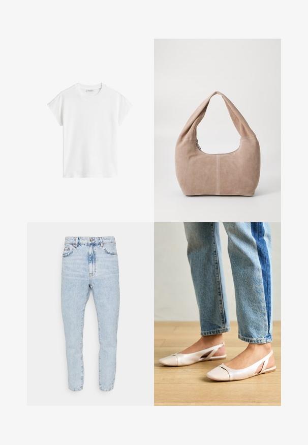 T-shirt branco de manga curta feito de algodão. Apresenta um corte descontraído com decote redondo e costuras de ombro ligeiramente caídas. Sem padrões ou detalhes.; Gina Tricot Petite DAGNY MOM - Calças de ganga de perna direita - sea blue; Sapatilhas slingback de cor rosa pálido com bico fino, feitas de um material semelhante a couro liso. Apresentam detalhes recortados nas laterais e um salto plano.; Bolsa hobo feita de material de camurça macio na cor bege claro. Apresenta uma forma arredondada com uma alça larga e fecho com zíper.