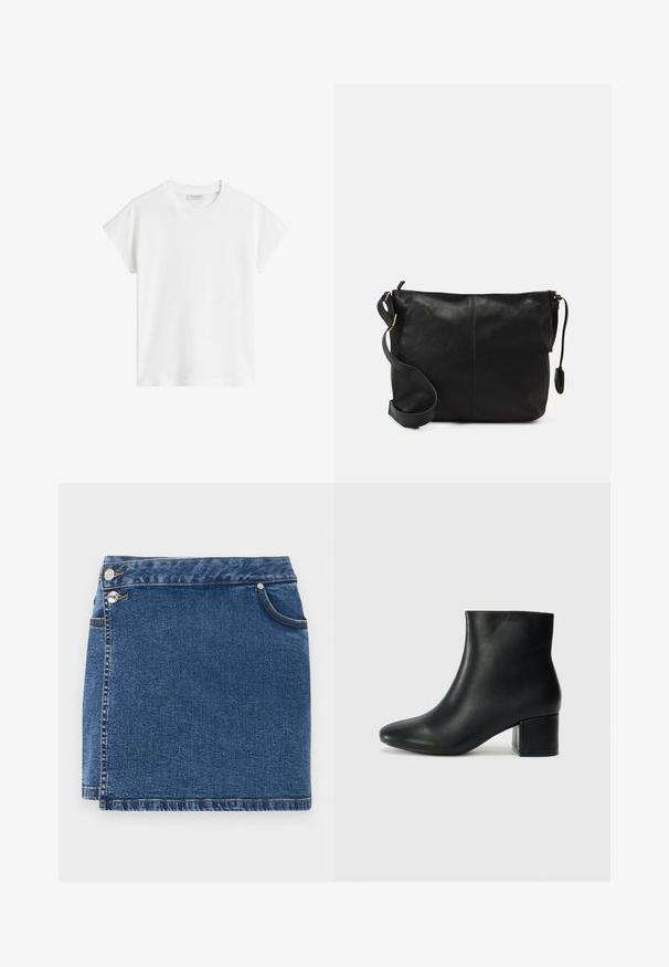Camiseta de algodón de manga corta blanca. Presenta un corte relajado, con cuello redondo y costuras de hombro ligeramente caídas. Sin patrones ni acentos.; Falda de mezclilla en azul oscuro con un diseño ajustado. Cuenta con dos botones frontales, bolsillos laterales y costuras visibles en el dobladillo.; Botas de cuero negras hasta el tobillo con una punta afilada y un tacón grueso. Textura lisa con acentos mínimos y un diseño elegante y ajustado.; Bolso cruzado de cuero negro con forma plana, acentos de hardware dorado y correa ajustable. Textura suave con detalles de costura mínimos.