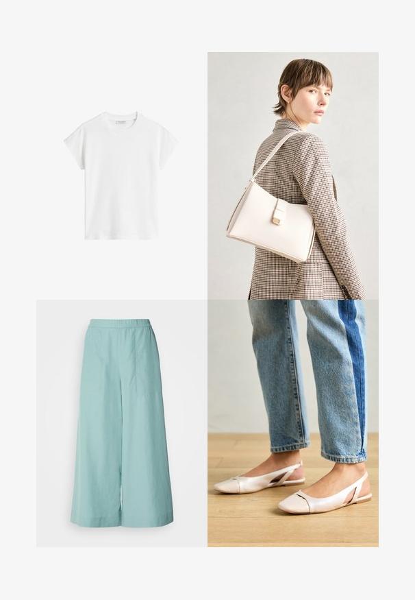 T-shirt bianco a maniche corte in cotone. Presenta una vestibilità morbida con scollatura rotonda e spalle leggermente cadenti. Senza fantasie o dettagli.; Pantaloni a gamba larga di colore aqua realizzati in tessuto leggero, con cintura elasticizzata e dettagli di cucitura puliti e minimali.; Ballerine slingback rosa pallido con punta affusolata, realizzate in un materiale simile alla pelle liscio. Presentano dettagli a taglio sui lati e un tacco piatto.; Borsa a mano in pelle bianca con un design strutturato, presente di un clasp magnetico e una tracolla, esposta su uno sfondo neutro.