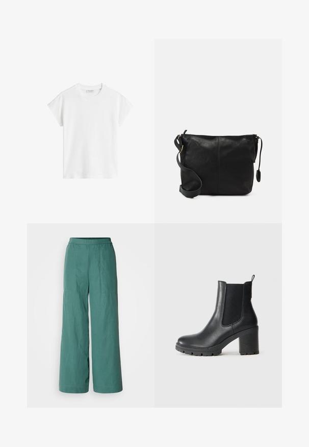 White short-sleeve t-shirt made of cotton. Features a relaxed fit with a crew neckline and slightly dropped shoulder seams. No patterns or accents.; Wide-leg trousers in a solid teal color, featuring an elastic waistband and a lightweight, textured fabric. Suitable for casual wear.; Black leather ankle boot with elastic side panels, chunky rubber sole, and a high block heel. Features a pull tab on the back.; Black leather crossbody bag with a flat shape, gold hardware accents, and an adjustable strap. Smooth texture with minimal stitching details.