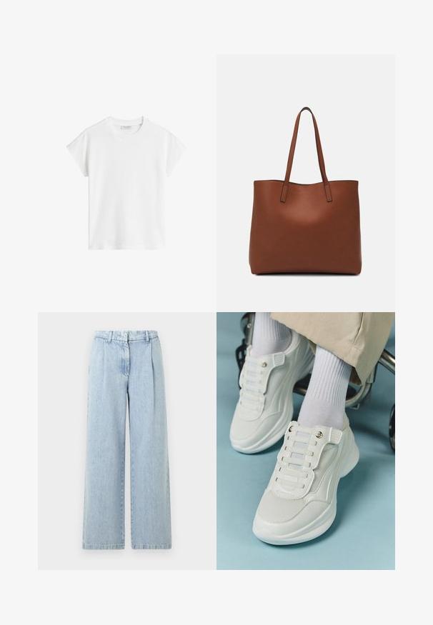 Valkoinen lyhythihainen t-paita, joka on valmistettu puuvillasta. Ominaisuuksia rento malli, pyöreä kaula-aukko ja hieman pudotetut hart seams. Ei kuvioita tai koristeita.; Vaaleansiniset farkut, joissa on leveä lahje, pleateilla, joustava vyötärö ja haalistunut pesu. Ominaisuuksia ovat suora leikkaus ja viimeistellyt helma.; Valkoiset lenkkarit, joissa on verkkokangas, kumipohja, nauhattomuus elastisilla nauhoilla ja kultatäyteiset yksityiskohdat.; Ruskea nahkainen olkalaukku, jossa on sileä pinta, avoin yläosa ja kaksi olkahihnaa. Omaavat vain minimaalisen ompelun eikä näkyvää metalliosaa.