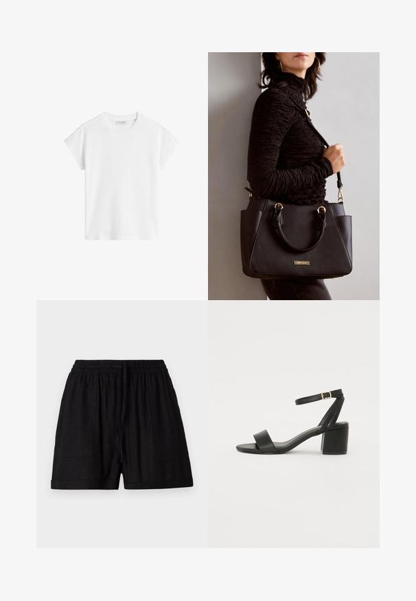 Valkoinen lyhythihainen t-paita, joka on valmistettu puuvillasta. Ominaisuuksia rento malli, pyöreä kaula-aukko ja hieman pudotetut hart seams. Ei kuvioita tai koristeita.; Mustat pellavashortsit, joissa on elastinen vyötärö, kaksi sivutaskua ja naru sulkemista varten. Sujuva pinta ja puoliväli-reisi pituus.; Mustat korkokenkä-sandaalit, joissa on sileä nahkapinta, avoin varvas, leveät etuvarteen strapit ja säädettävä nilkkastrap, jossa on kultainen solkiyksityiskohta.; Musta käsilaukku, jossa on teksturoitu pinta, kaksi yläkantta ja säädettävä olkahihna. Varustettu kultasävyisillä varusteilla ja sivutaskuilla.