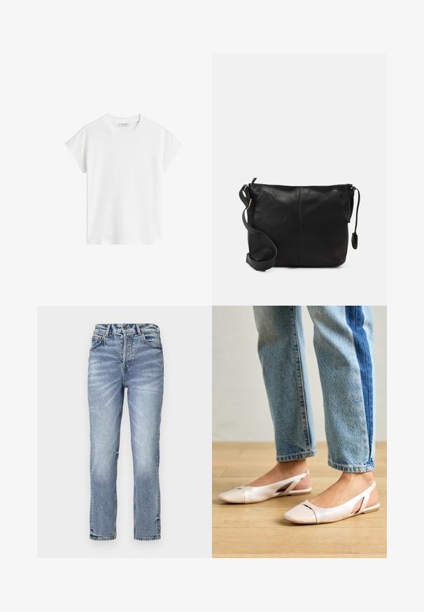 T-shirt branco de manga curta feito de algodão. Apresenta um corte descontraído com decote redondo e costuras de ombro ligeiramente caídas. Sem padrões ou detalhes.; Jeans de ganga azul claro com corte reto, cintura alta, textura desbotada e cinco bolsos. Apresenta fecho de botão metálico e zip.; Sapatilhas slingback de cor rosa pálido com bico fino, feitas de um material semelhante a couro liso. Apresentam detalhes recortados nas laterais e um salto plano.; Mala de ombro em couro preto com forma plana, detalhes em metal dourado e alça ajustável. Textura suave com detalhes de costura mínimos.