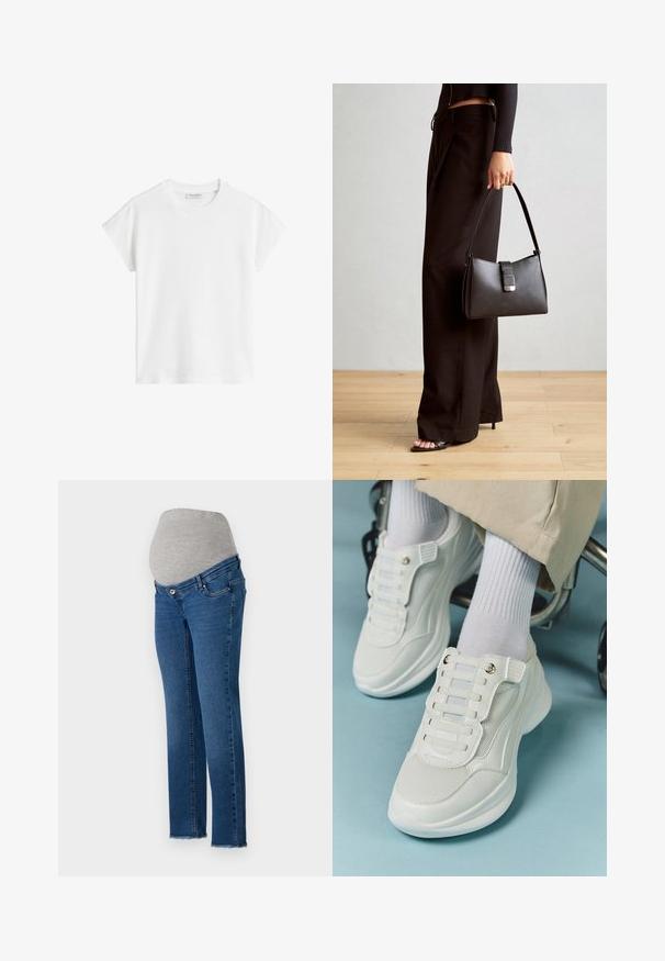 T-shirt branco de manga curta feito de algodão. Apresenta um corte descontraído com decote redondo e costuras de ombro ligeiramente caídas. Sem padrões ou detalhes.; Calças de maternidade com uma cintura elástica cinza e denim azul claro, corte reto e detalhes de bainha desfiada.; Tênis brancos com material em rede, sola de borracha, design sem atacadores com faixas elásticas e detalhes em tom dourado.; Bolsa preta com forma estruturada, textura suave e um fecho metálico. Combinada com calças largas pretas e sandálias de salto aberto sobre um chão de madeira.