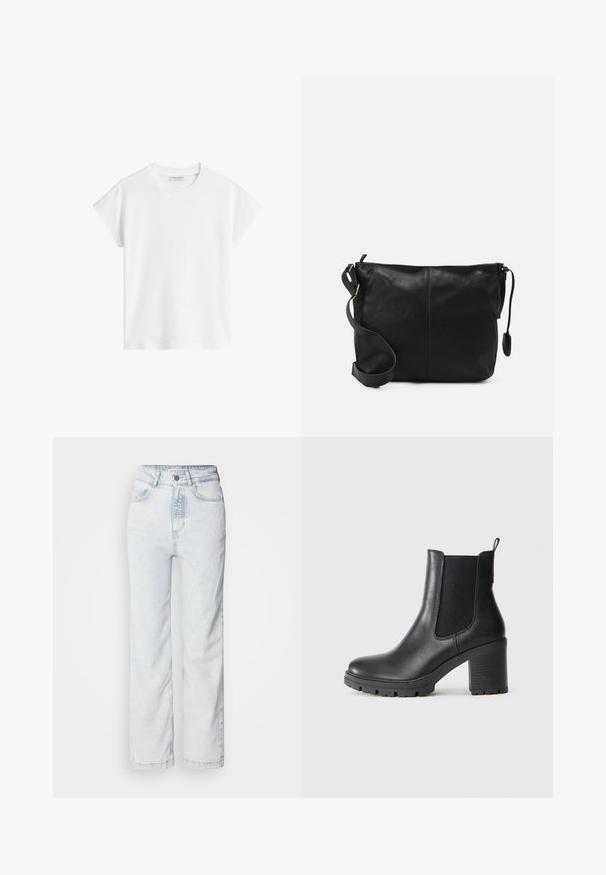 White short-sleeve t-shirt made of cotton. Features a relaxed fit with a crew neckline and slightly dropped shoulder seams. No patterns or accents.; Light blue high-waisted jeans with a straight leg fit, made of denim. Features a button fly, five-pocket design, and subtle faded texture.; Black leather ankle boot with elastic side panels, chunky rubber sole, and a high block heel. Features a pull tab on the back.; Black leather crossbody bag with a flat shape, gold hardware accents, and an adjustable strap. Smooth texture with minimal stitching details.