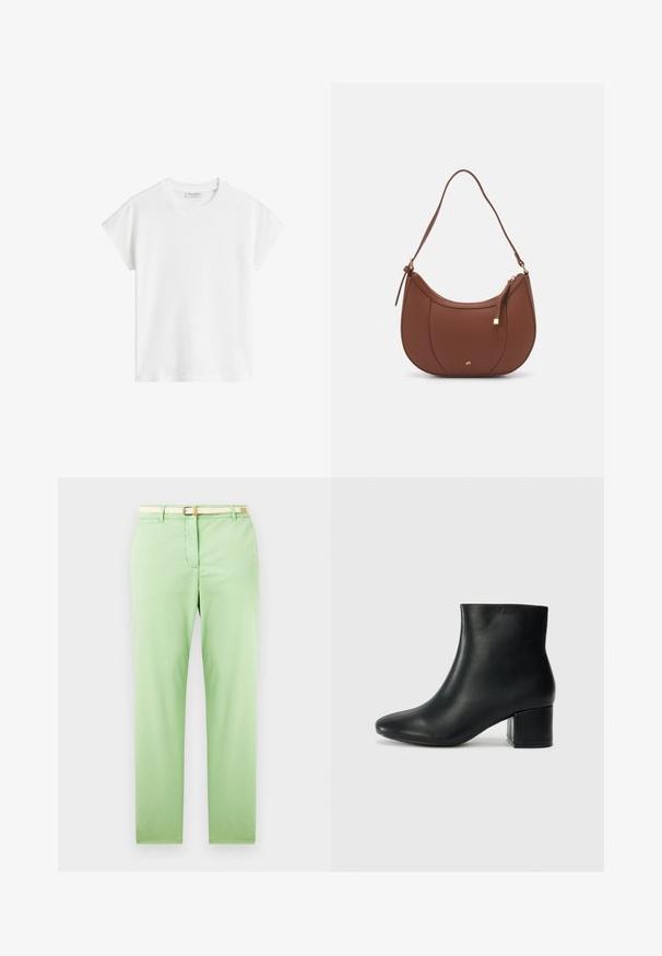 Weißes kurzärmliges T-Shirt aus Baumwolle. Hat eine lockere Passform mit Rundhalsausschnitt und leicht gesenkten Schulternähten. Keine Muster oder Akzente.; Hellgrüne Baumwollhose mit geradem Schnitt, ausgestattet mit einem gewebten beigen Gürtel, einer Vordertasche und ohne sichtbare Muster oder Verzierungen.; Schwarze Leder-Ankle-Boots mit spitzem Zehenbereich und klobigem Absatz. Glatte Textur mit minimalen Akzenten und einem eleganten, taillierten Design.; Braune Kunstleder-Schultertasche mit geschwungener Form, minimaler Naht und goldfarbener Hardware-Akzent. Verfügt über einen oberen Reißverschluss und einen verstellbaren Trageriemen.