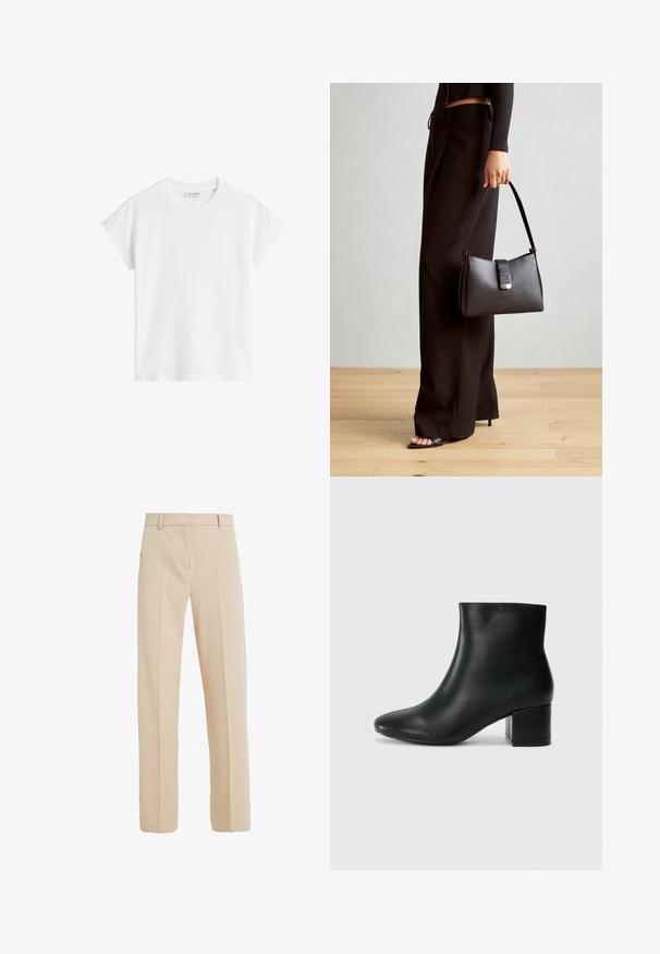 Biała koszulka z krótkim rękawem wykonana z bawełny. Posiada luźny krój, okrągły dekolt oraz lekko opuszczone szwy ramion. Brak wzorów lub dodatkowych akcentów.; Beżowe spodnie o dopasowanym kroju, wykonane z gładkiego materiału, z prostymi nogawkami, bocznymi kieszeniami oraz detalami w postaci fałd na przodzie.; Czarne skórzane botki za kostkę z ostrym noskiem i masywnym obcasem. Gładka tekstura z minimalnymi akcentami i elegancki, dopasowany fason.; Czarna torebka o usztywnionym kształcie, gładkiej fakturze i metalowym zapięciem. Połączona z szerokimi czarnymi spodniami i sandałami na otwartym palcu na drewnianej podłodze.