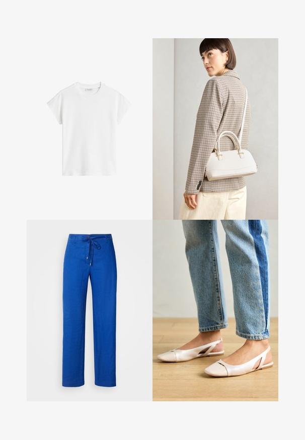 White short-sleeve t-shirt made of cotton. Features a relaxed fit with a crew neckline and slightly dropped shoulder seams. No patterns or accents.; Blue linen trousers featuring a relaxed fit, drawstring waist, and straight legs. Smooth texture with minimal detailing and no patterns.; Pale pink slingback flats with a pointed toe, made from a smooth leather-like material. Features cut-out details at the sides and a flat heel.; White structured handbag with short handles and a shoulder strap, featuring gold hardware accents and textured material, displayed against a grey background.