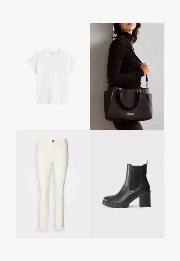 White short-sleeve t-shirt made of cotton. Features a relaxed fit with a crew neckline and slightly dropped shoulder seams. No patterns or accents.; White, skinny-fit jeans made of cotton blend fabric. Features five pockets, a button closure, and a smooth, slightly shiny texture.; Black leather ankle boot with elastic side panels, chunky rubber sole, and a high block heel. Features a pull tab on the back.; Black handbag with textured surface, dual top handles, and adjustable shoulder strap. Features gold-tone hardware and side pockets.