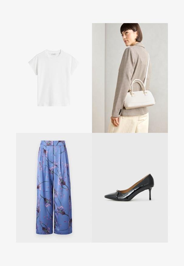 Bela majica s kratkimi rokavi iz bombaža. Ima sproščen kroj z okroglim izrezom in rahlo spuščeno šivov na ramionih. Brez vzorcev ali dodatkov.; Široke hlače iz svetlo modrega blaga z cvetličnim vzorcem v roza in zeleni barvi, z oblikovanim pasom in pliseji.; Črne lakirane visoke pete z ostrim nosom, dekorativnim trakastim detajlom spredaj in tankim stiletto peto.; Bela strukturirana torba z kratkimi ročaji in naramnim trakom, z zlatimi okrasnimi elementi in teksturiranim materialom, prikazana na sivi podlagi.