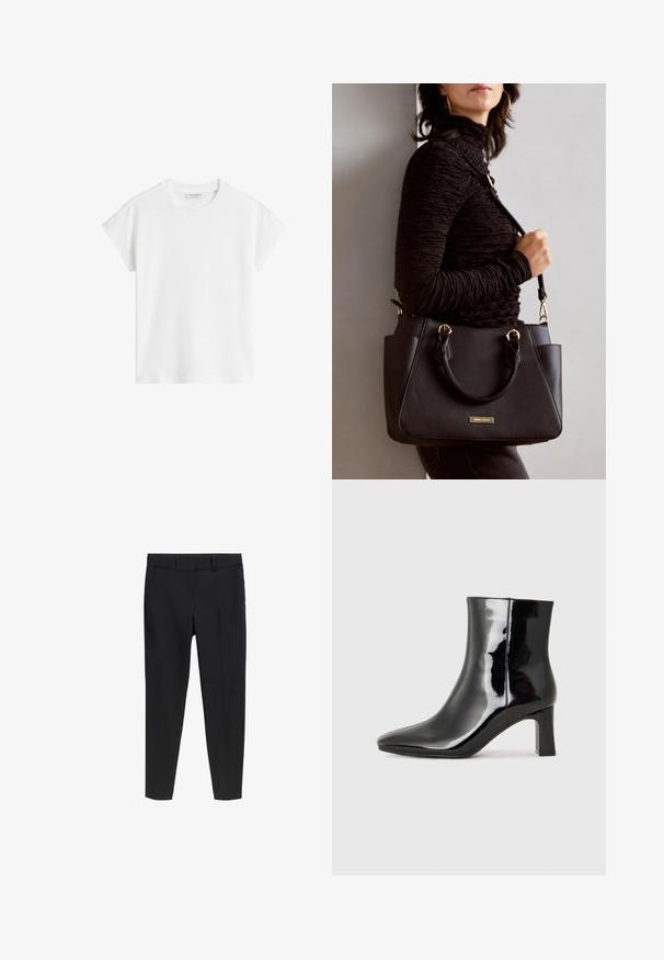 Bijela kratka majica s kratkim rukavima izrađena od pamuka. Ima ležeran kroj s okruglim izrezom i malo spuštenim šavovima na ramenima. Bez uzoraka ili ukrasa.; Crne krojene slim-fit hlače do gležnjeva s petljama za remen i prednjim džepovima na bijeloj pozadini.; Crne lakirane kožne gležnjače s šiljastim prstom i srednje visokom blok petom. Glatka tekstura i minimalistički dizajn.; Crna torba s teksturiranom površinom, dvostrukim gornjim ručkama i podesivom remenom za rame. Ima zlatne metalne detalje i bočne džepove.