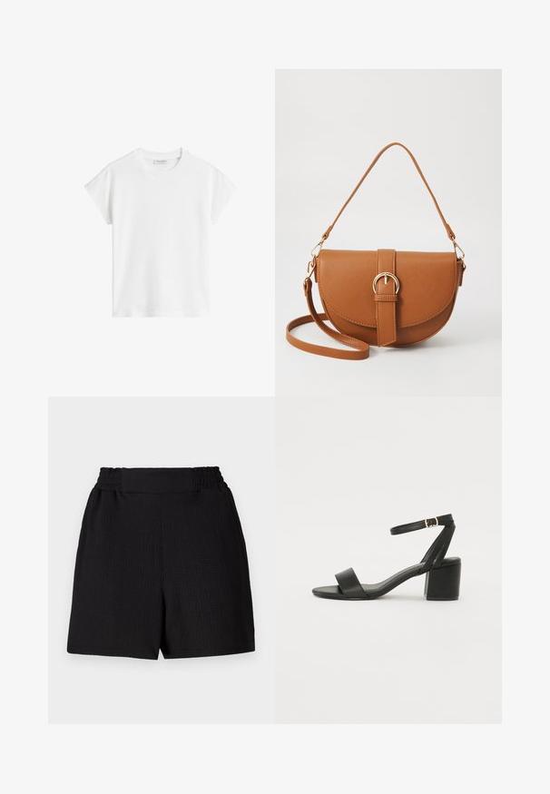 T-shirt blanc à manches courtes en coton. Présente une coupe décontractée avec un col rond et des coutures d'épaule légèrement abaissées. Sans motifs ni accents.; Shorts noirs en tissu texturé, avec une taille élastique et une coupe droite. Présente un design épuré sans accents ni motifs supplémentaires.; Sandale à talons noirs avec un dessus en cuir lisse, une ouverture à l'avant, de larges brides avant et une bride de cheville ajustable avec une boucle dorée.; Sac bandoulière en cuir marron avec une forme incurvée, quincaillerie dorée et un accent en boucle. Comprend une bandoulière détachable.