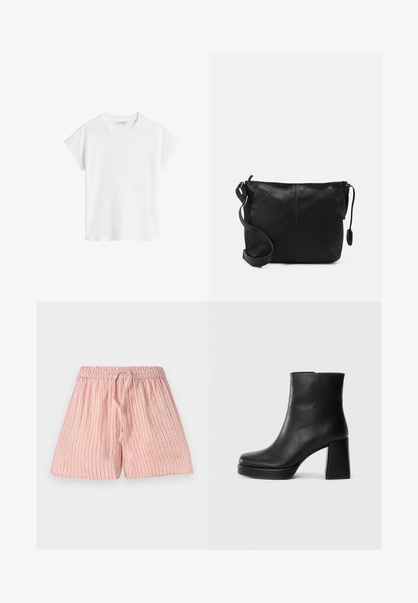 Bijela kratka majica s kratkim rukavima izrađena od pamuka. Ima ležeran kroj s okruglim izrezom i malo spuštenim šavovima na ramenima. Bez uzoraka ili ukrasa.; Svijetlo ružičaste šortse s vertikalnim crvenim prugama, napravljene od mekanog materijala. Imaju elastičnu traku u struku s vezicom za podešavanje.; Crna kožna čizma do gležnja s blok petom i platformom, prikazana s bočne strane na jednostavnoj bijeloj pozadini.; Crna kožna torbica preko tijela s ravnim oblikom, zlatnim detaljima i podešivim remenom. Glatka tekstura s minimalnim detaljima šivanja.