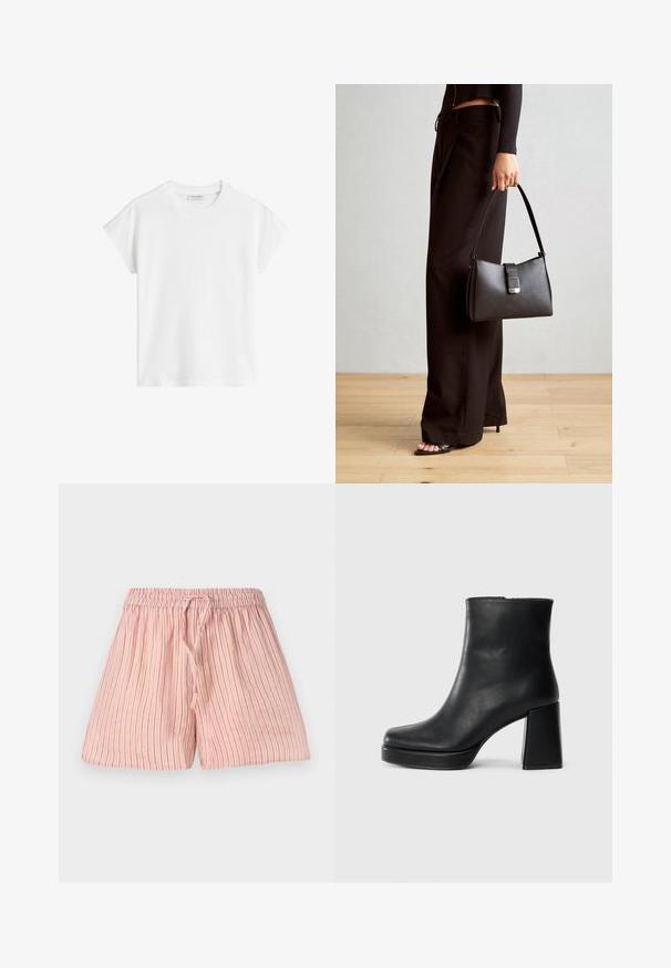 White short-sleeve t-shirt made of cotton. Features a relaxed fit with a crew neckline and slightly dropped shoulder seams. No patterns or accents.; Light pink shorts with vertical red stripes, made of soft fabric. Features an elastic waistband with a drawstring for adjustment.; Black leather ankle boot with a block heel and platform sole, viewed from the side on a plain white background.; Black handbag with structured shape, smooth texture, and a metallic clasp. Paired with wide black pants and open-toe sandals on wooden floor.