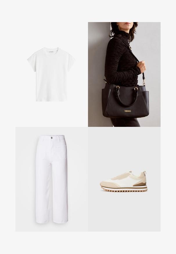 Hvit kortermet t-skjorte laget av bomull. Har en avslappet passform med rund halslinning og lett senkede skuldersømmer. Ingen mønstre eller detaljer.; Hvite denim wide-leg bukser med knappelukking, beltestropper, to frontlommer og en baklomme. Holdbart og teksturert stoff.; Beige og hvite lave sneakers med teksturert såle og drageløkke på hælen, vist på en enkel lys bakgrunn, sidevisning.; Svart håndveske med teksturert overflate, doble topphåndtak og justerbar skulderrem. Har detaljer i gulltone og sidelommer.