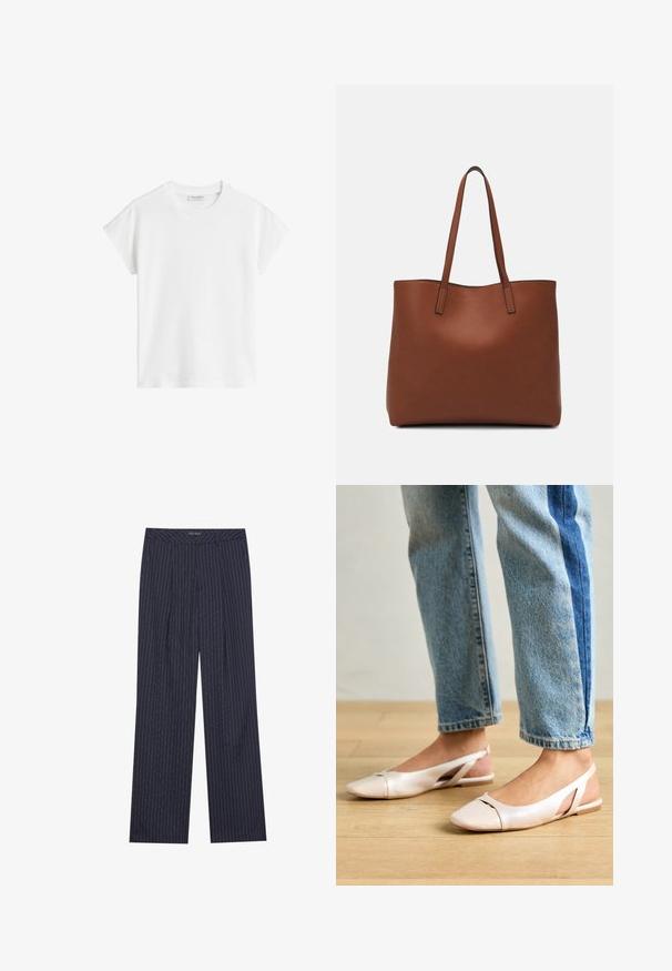 White short-sleeve t-shirt made of cotton. Features a relaxed fit with a crew neckline and slightly dropped shoulder seams. No patterns or accents.; Navy blue, wide-leg trousers with vertical white pinstripes, featuring a tailored waistband and front pleats for a structured fit.; Pale pink slingback flats with a pointed toe, made from a smooth leather-like material. Features cut-out details at the sides and a flat heel.; Brown leather tote bag with a smooth texture, open top design, and two shoulder straps. Features minimal stitching and no visible hardware.