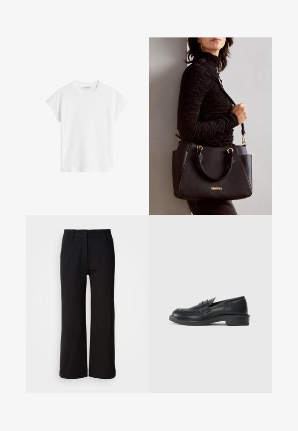 T-shirt branco de manga curta feito de algodão. Apresenta um corte descontraído com decote redondo e costuras de ombro ligeiramente caídas. Sem padrões ou detalhes.; Calças largas pretas feitas de tecido suave. Apresentam um frente liso, passadores de cinto e uma bainha limpa, sem bolsos ou fechos visíveis.; Mocassins de couro preto com bico redondo, detalhes costurados e um pequeno salto. Textura suave e sola de borracha flexível.; Bolsa preta com superfície texturizada, alças superiores duplas e alça de ombro ajustável. Apresenta ferragens em tom dourado e bolsos laterais.
