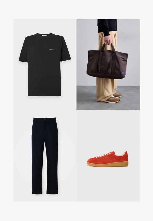 Camiseta de algodón negra con cuello redondo, mangas cortas y un pequeño logo blanco "TIGER OF SWEDEN" en el pecho. Corte clásico.; Pantalones azul marino de algodón, con un diseño de pierna recta, cierre frontal de botón y una cintura clásica con pasadores para cinturón.; Zapatillas de ante rojo con cordones blancos, suela de goma color beige y marca en dorado en el lateral. Punta redondeada y diseño de perfil bajo.; Bolso tote de nailon marrón con asas dobles, cierre de cremallera y un parche de logo azul. Textura suave, diseño estructurado, interior espacioso.