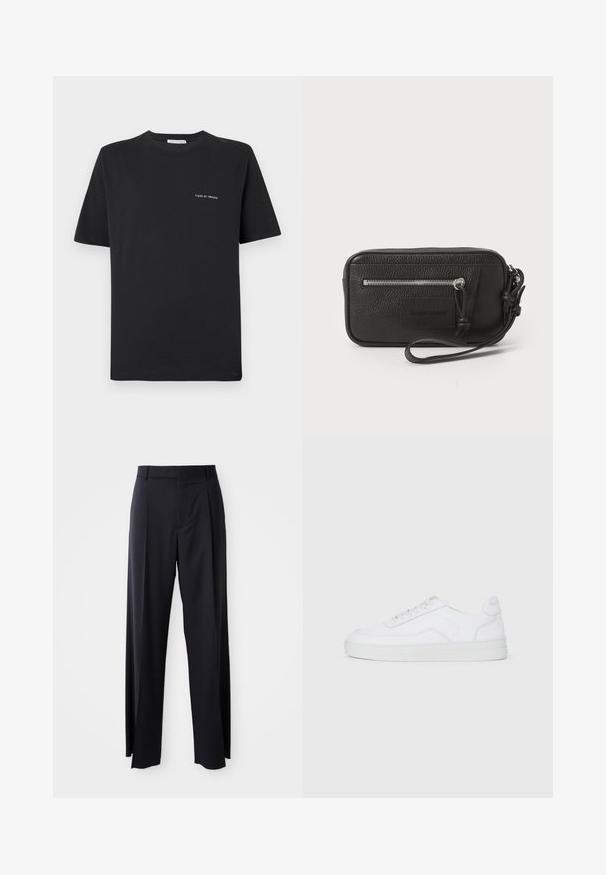 Melna kokvilnas T-kreklu ar apaļu kakla izgriezumu, īsām piedurknēm un mazu balto "TIGER OF SWEDEN" logotipu uz krūtīm. Klasiskā piegriezuma.; Melnas, augstās vidukļa bikses ar platām kājām, izgatavotas no gludas auduma. Iezīmē priekšējās krokas un jostas cilpas. Minimalistisks dizains, bez redzamām detaļām.; Baltas zema apava sporta kurpes ar auklēm priekšā, gluda virsma un gumijas zole uz vienkārša gaiša fona.; Melnas ādas clutch soma ar teksturētu virsmu, priekšējo rāvējslēdzēja kabatu un noņemamu roku siksnu. Iekļauts logotipa uzlikums priekšpusē. Taisnstūra forma.