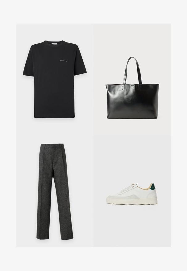 Svart bomulls T-skjorte med rund hals, korte ermer og en liten hvit "TIGER OF SWEDEN"-logo på brystet. Klassisk passform.; Grå skreddersydde bukser laget av teksturert stoff, med to frontpleater og rette ben. Ingen synlige lommer eller dekorasjoner.; Hvit sneakers med semsket detaljer, rund tå, flate snøringer og en kremfarget gummisåle. Har grønn merking på hælen.; Svart, glatt skinn tote bag med to skulderstropper, rektangulær form og subtil sømdetalj på hvit bakgrunn.