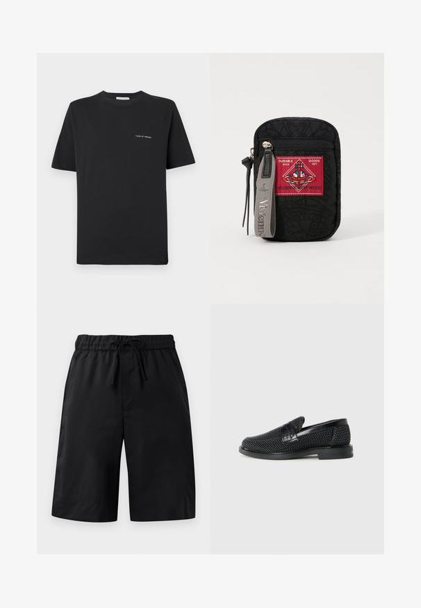 Černé bavlněné tričko s kulatým výstřihem, krátkými rukávy a malým bílým logem "TIGER OF SWEDEN" na hrudi. Klasický střih.; Černé šortky s elastickým pasem a šňůrkou na stažení. Mají hladkou texturu a volný střih. Jednoduchý design bez kapes nebo ozdob.; Černé pletené nazouvací boty s hladkým koženým akcentem na svršku, kulatou špičkou a nízkoprofilovou gumovou podrážkou.; Černý sáček s texturovanou tkaninou, se červeným nášivkou s logem, zipovým uzavřením a šedým popruhem s embosovaným názvem značky.