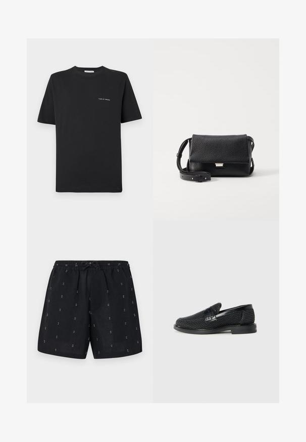 Juoda medvilnės marškinėliai su apvaliu kaklu, trumpomis rankovėmis ir mažu baltu „TIGER OF SWEDEN“ logotipu krūtinėje. Klasikinis siluetas.; Juodi lino šortai su elastinga juosta ir raišteliu. Audinyje visame paviršiuje matomi maži balti geometriniai raštai.; Juodas pintas slip-on tipo batelis su lygiu odiniu akcentu viršuje, apvalios nosies dizainas ir žemas guminis padas.; Juodas tekstūruotas odinis per petį nešiojamas krepšys su dangteliu, sidabro spalvos detalėmis ir reguliuojama juosta. Minimalistinis dizainas su švariomis linijomis.