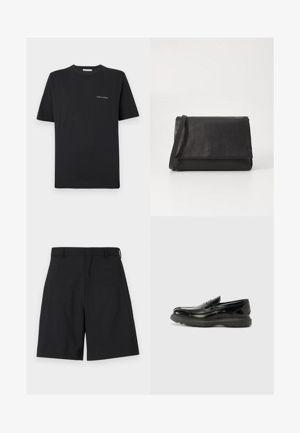 Černé bavlněné tričko s kulatým výstřihem, krátkými rukávy a malým bílým logem "TIGER OF SWEDEN" na hrudi. Klasický střih.; Černé šortky vyrobené z jemné látky s elegantním střihem, s plochým předním dílem a dvěma bočními kapsami, a s klasickým pasem.; Černé kožené mokasíny s lesklým povrchem, kulatou špičkou, nenápadnými švy a silnou gumovou podrážkou pro odolnost.; Černá kožená psaníčko s texturovaným povrchem, překlopným víkem a úzkým ramenním popruhem, vystupující s minimalistickým designem a bez viditelného kovového doplňku.