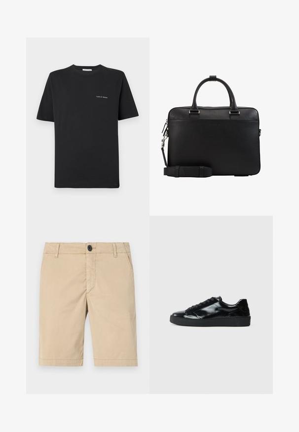 Juoda medvilnės marškinėliai su apvaliu kaklu, trumpomis rankovėmis ir mažu baltu „TIGER OF SWEDEN“ logotipu krūtinėje. Klasikinis siluetas.; Beige šortai pagaminti iš medvilnės. Savybės: užtrauktukas, mygtuko uždarymas, priekinės kišenės, siūlų siuvimas ir plokščias priekis.; Juodos lakinės odos sportbačiai su apvaliu pirštu, raištelių užsegimu, tekstūruotu guminiu padu ir lygiu paviršiumi.; Juodas odinis darbo krepšys su tekstūruotu paviršiumi, dviem viršutinėmis rankenomis, reguliuojama dirželiu ir sidabriniais rankenėlėmis. Uždarymas su užtrauktuku viršuje.