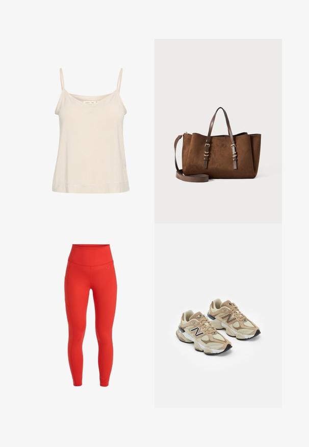 Helle beige Spaghettiträgershirt aus weichem Stoff, mit dünnen, verstellbaren Trägern und einem V-Ausschnitt sowie einer leicht lockeren Passform.; Rote hoch geschnittene Leggings mit einer glatten Textur, ausgestattet mit einer Seitentasche und einem kleinen Logo über dem Bund. Figurbetontes Design.; Beige Sneaker aus Mesh- und Wildledermaterialien. Mit einem schwarzen Logo und strukturierten Akzenten. Dicke weiße Zwischensohle und schwarze Gummisohle.; Braune Wildleder-Tote mit strukturierter Form, doppelten Ledergriffen, verstellbarem Schultergurt und goldfarbenen Hardware-Akzenten.