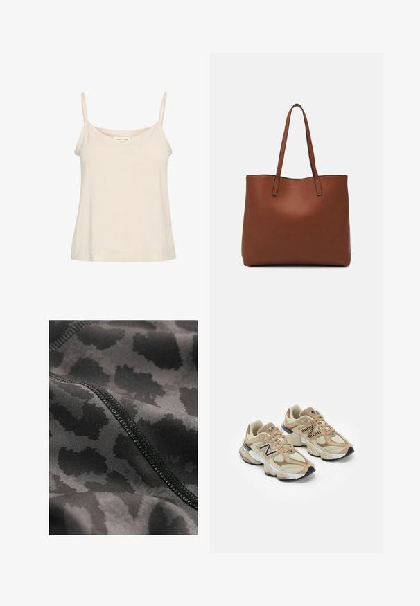 Camisole beige clair en tissu doux, avec de fines bretelles réglables et un décolleté en V, offrant une coupe légèrement décontractée.; Tissu athlétique noir avec un motif léopard subtil. Texture lisse avec des détails de couture visibles le long des bords.; Baskets beiges en maille et daim. Présentent un logo noir et des accents texturés. Semelle intermédiaire blanche épaisse et semelle extérieure en caoutchouc noir.; Sac fourre-tout en cuir marron avec une texture lisse, design à ouverture supérieure et deux poignées pour le porter à l'épaule. Présente des coutures minimales et aucun matériel visible.