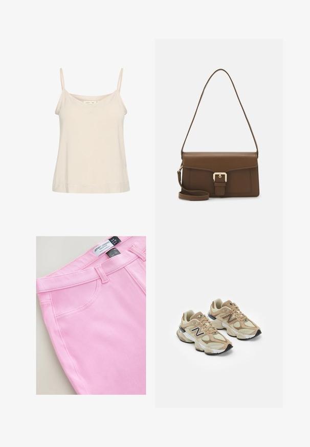 Šviesiai smėlinė kamizola, pagaminta iš minkštos medžiagos, su plonomis reguliuojamomis petnešomis ir V formos iškirpte, šiek tiek laisvu prigludimu.; Trumpi rožinės spalvos džersio lesvės, pasižyminčios lygiu paviršiumi, standartiniu juosmeniu ir šoninėmis kišenėmis. Ant etiketes nurodyta dydis ir prekės ženklas.; Šviesiai rudos sportbačiai, pagaminti iš tinklinės ir zomšos medžiagų. Ypač išryškintas juodas logotipas ir tekstūruoti akcentai. Storas baltas tarpkalnis ir juodas gumos padas.; Rudos odos rankinės, su stačiakampio forma, kuri turi priekinį užtrauktuką, auksinius aksesuarus ir ilgą, reguliuojamą diržą.